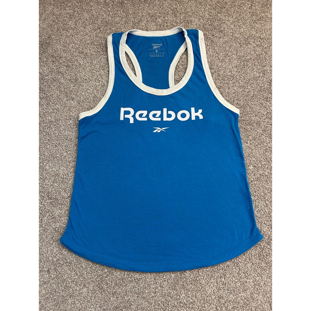 Reebok Tank Top Womens Small Blue Excellent Racerback Ringer Logo Trim